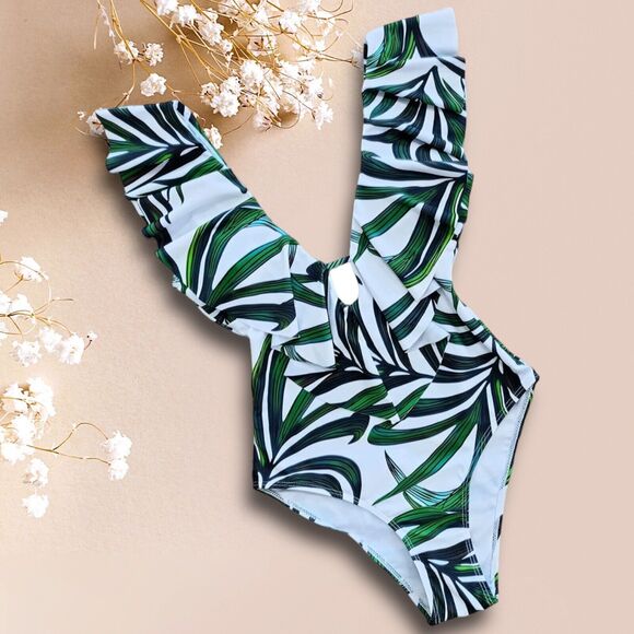 Women One Piece Swimsuit V Neck Ruffle Bathing Suit Padded Leaves Small Summer - Picture 8 of 14